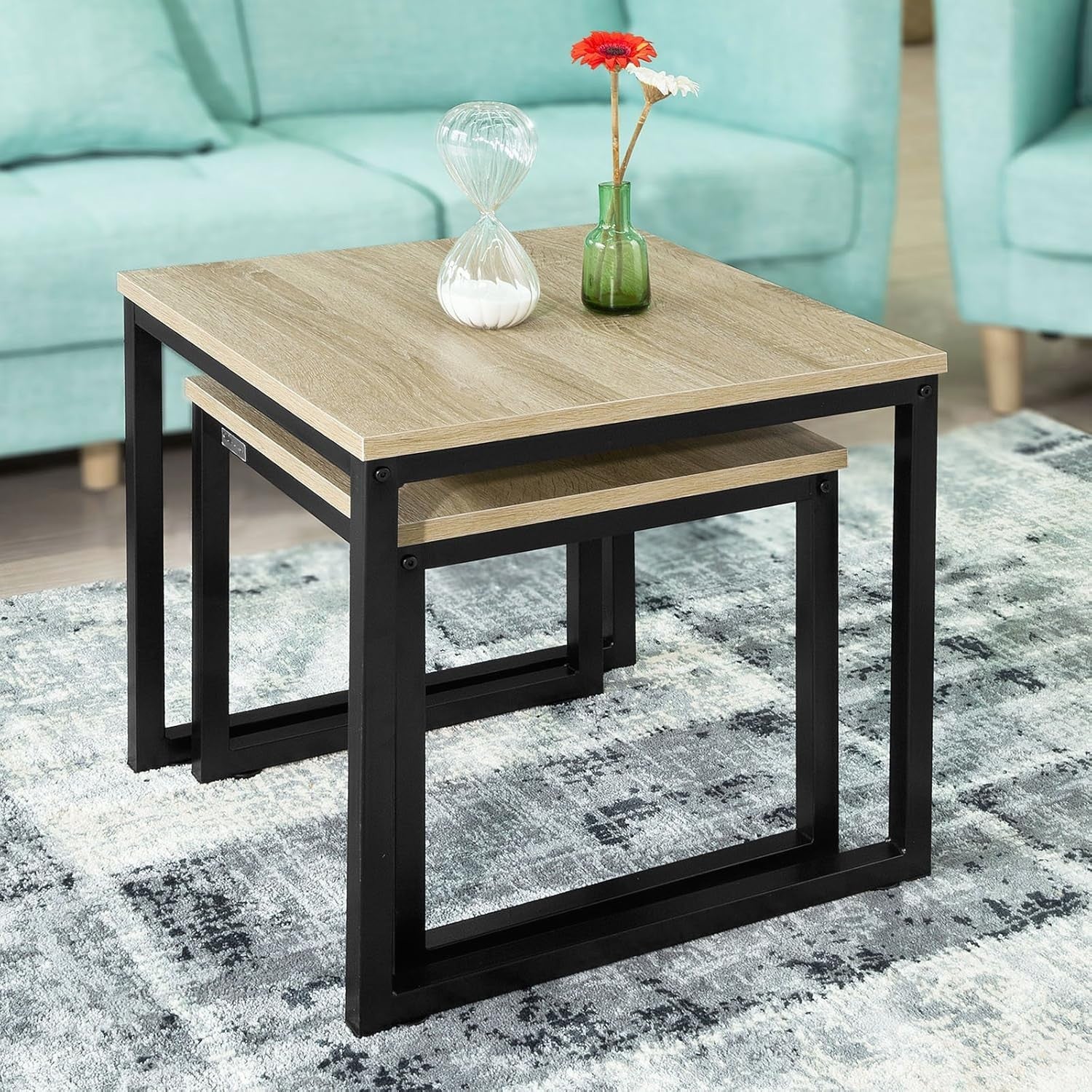 2pc Nested End Tables Natural Wood & Black Metal Frame Coffee Side Lamp Set