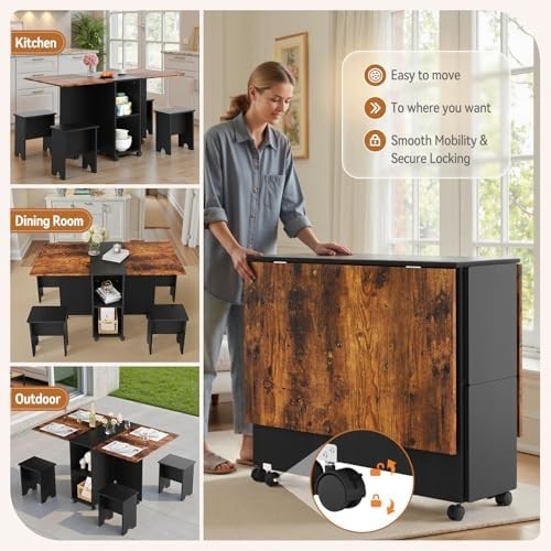 Foldable Dining Table Set with 4 Stools 140x80cm Space-Saving Kitchen Furniture