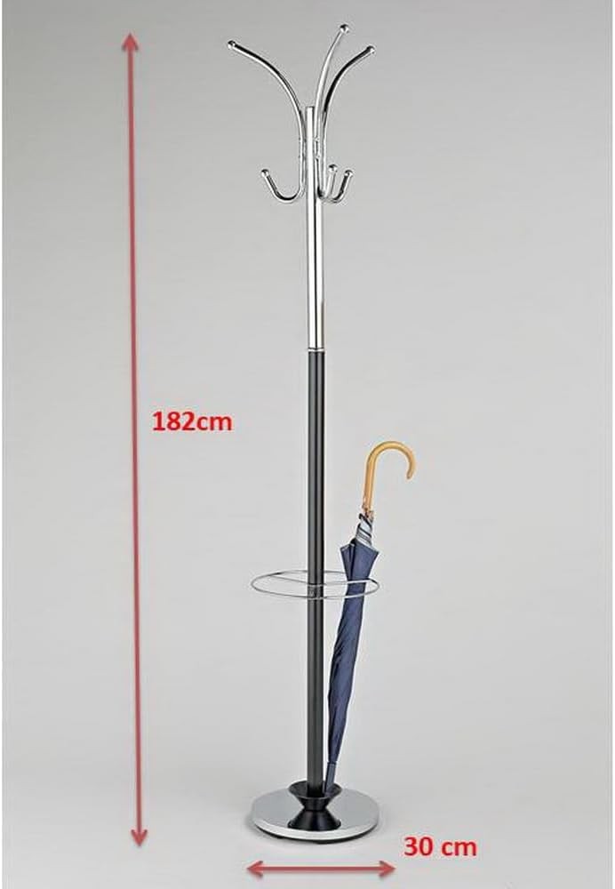 Chrome & Black Metal Coat Rack | Free Standing Hall Tree with Umbrella Base