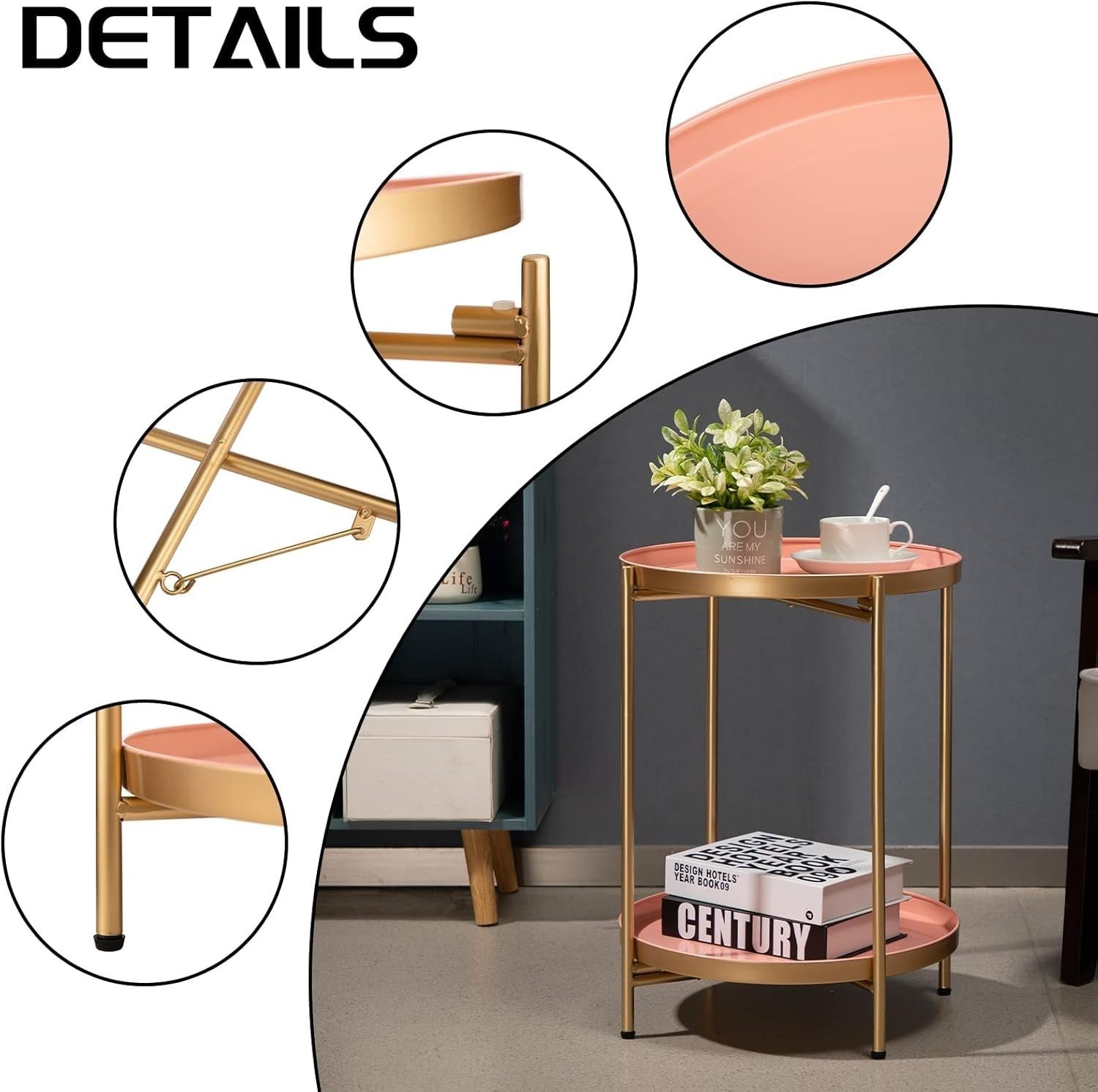 Small Round Metal Side Table 2-Tier Coffee Table Removable Tray Green