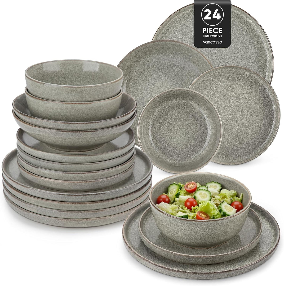 24pc Ceramic Dinner Set Brown Plates Bowls Microwave Dishwasher Safe