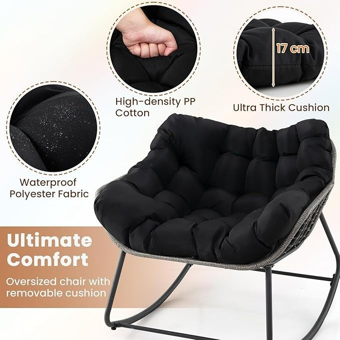 Outdoor Rattan Rocking Chair with Thick Cushion – Patio Egg Lounge Seat