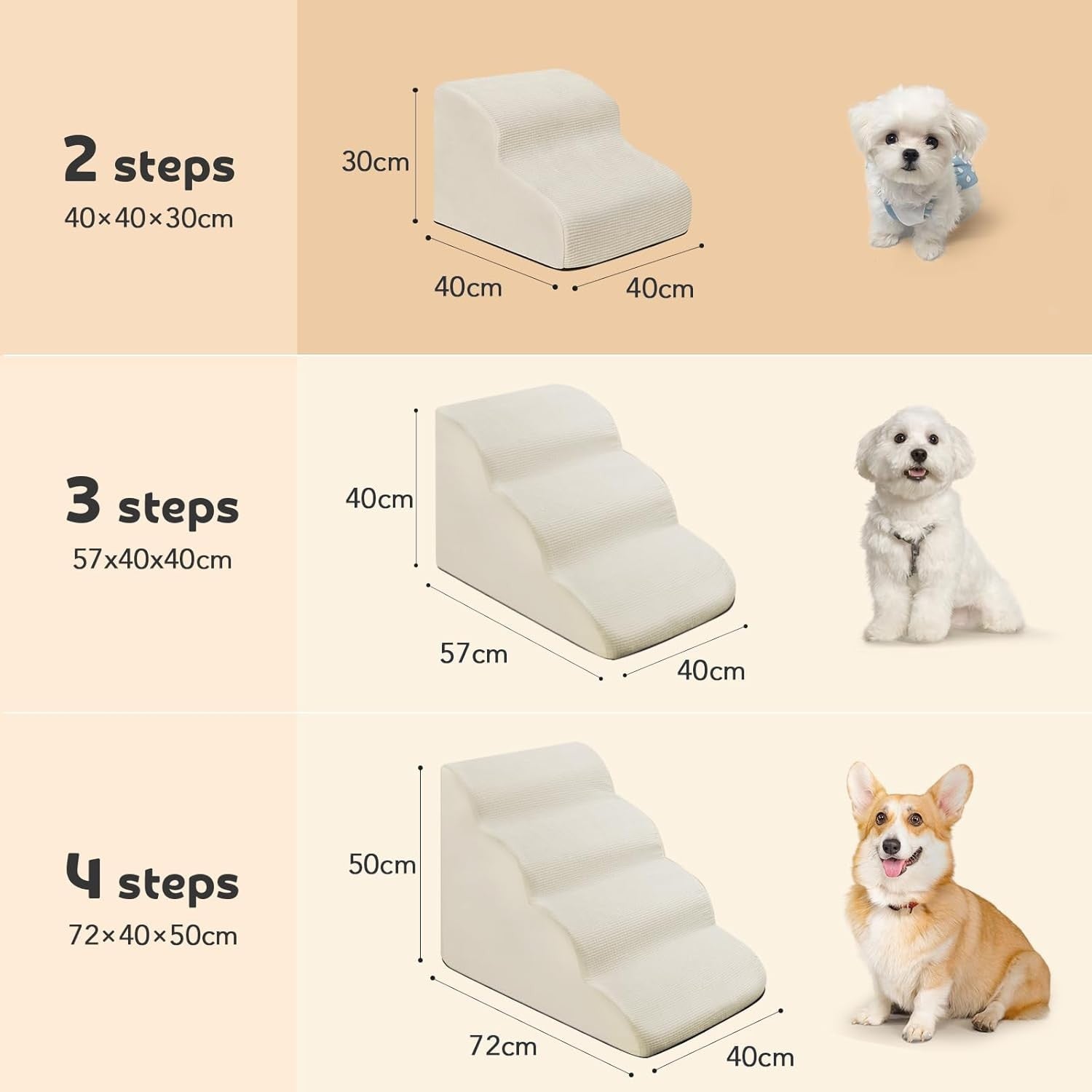 2 Step Dog & Cat Stairs Foam Ramp Non Slip Beige 40x55x30cm