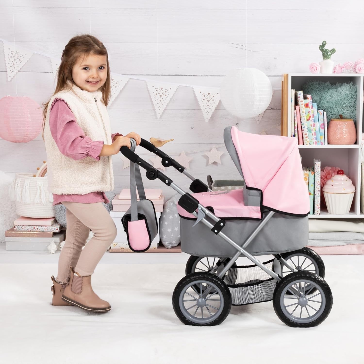 Dolls Pram Foldable Pushchair Adjustable Handle Basket Bag Toy 3+