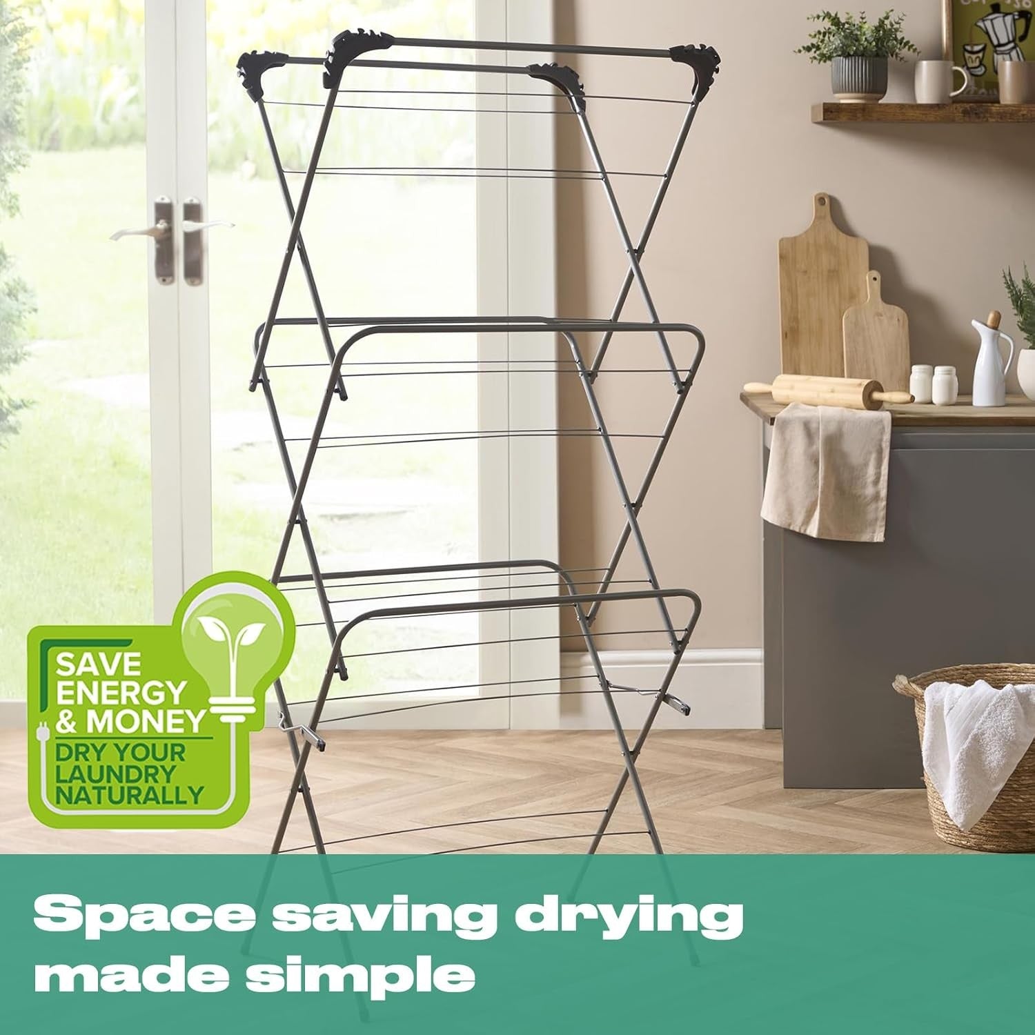 3 Tier Clothes Airer Folding Drying Rack 15m Space Indoor Laundry Horse