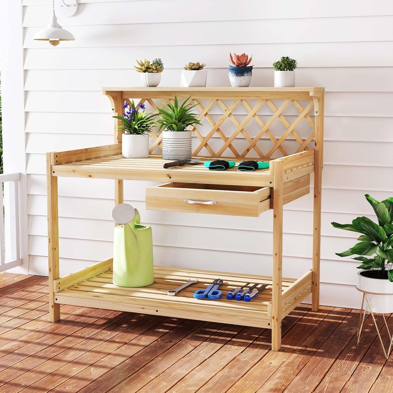 Wooden Garden Potting Table Bench w/ Trellis Drawer Shelves Fir Wood 90x59