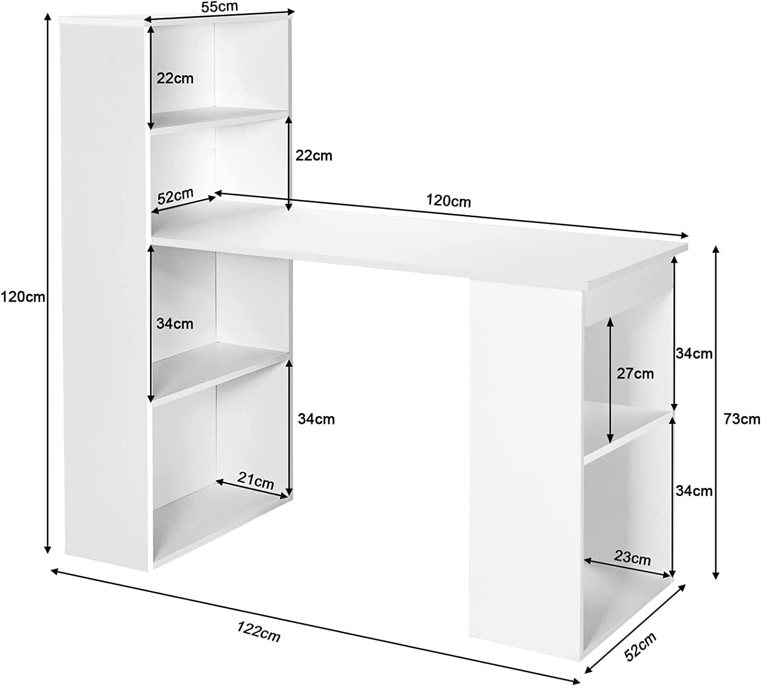 122x52x120cm White Office Desk with Bookshelf & Storage Shelves
