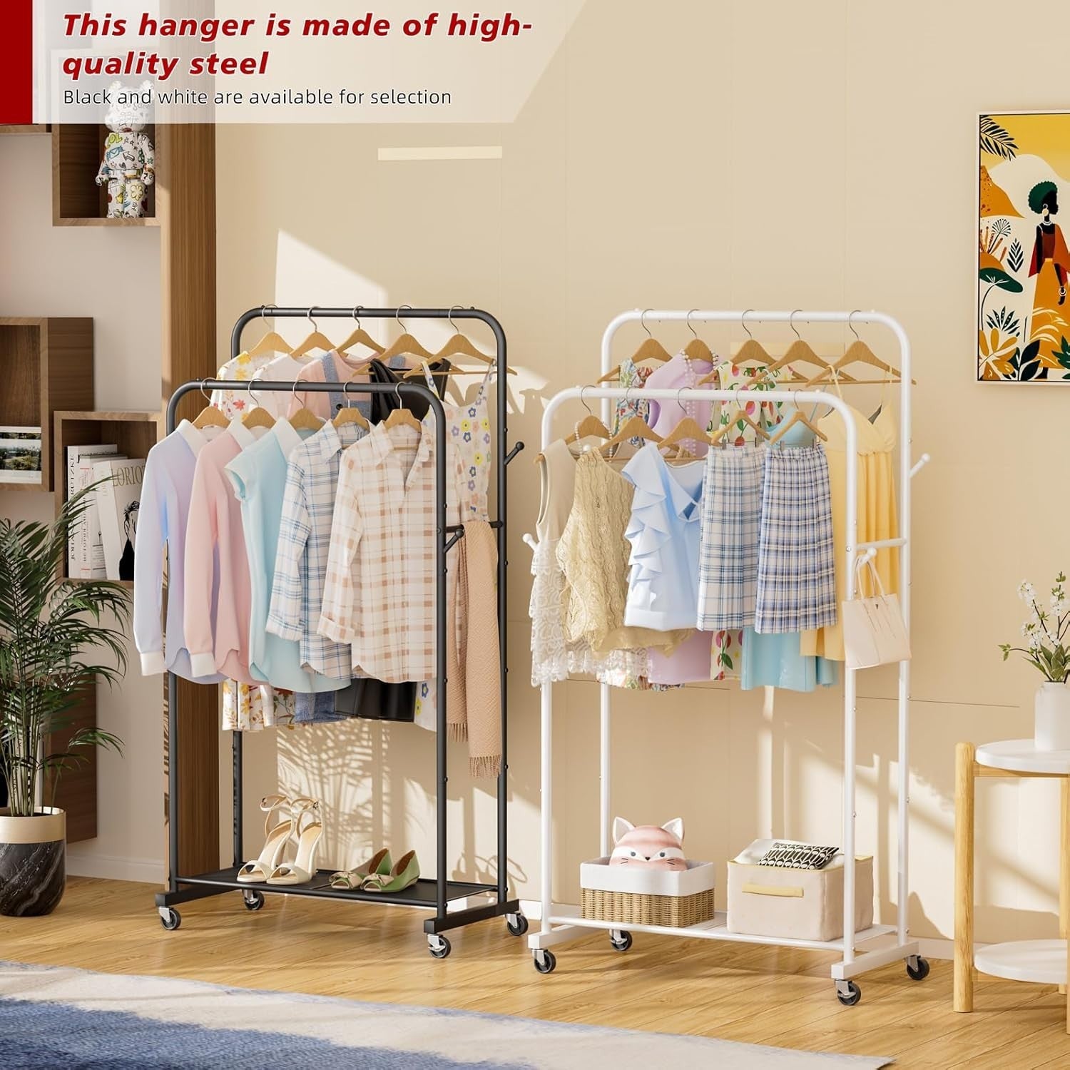 Portable Clothes Rail Black Metal Storage Rack with Wheels, Double Shelf Design