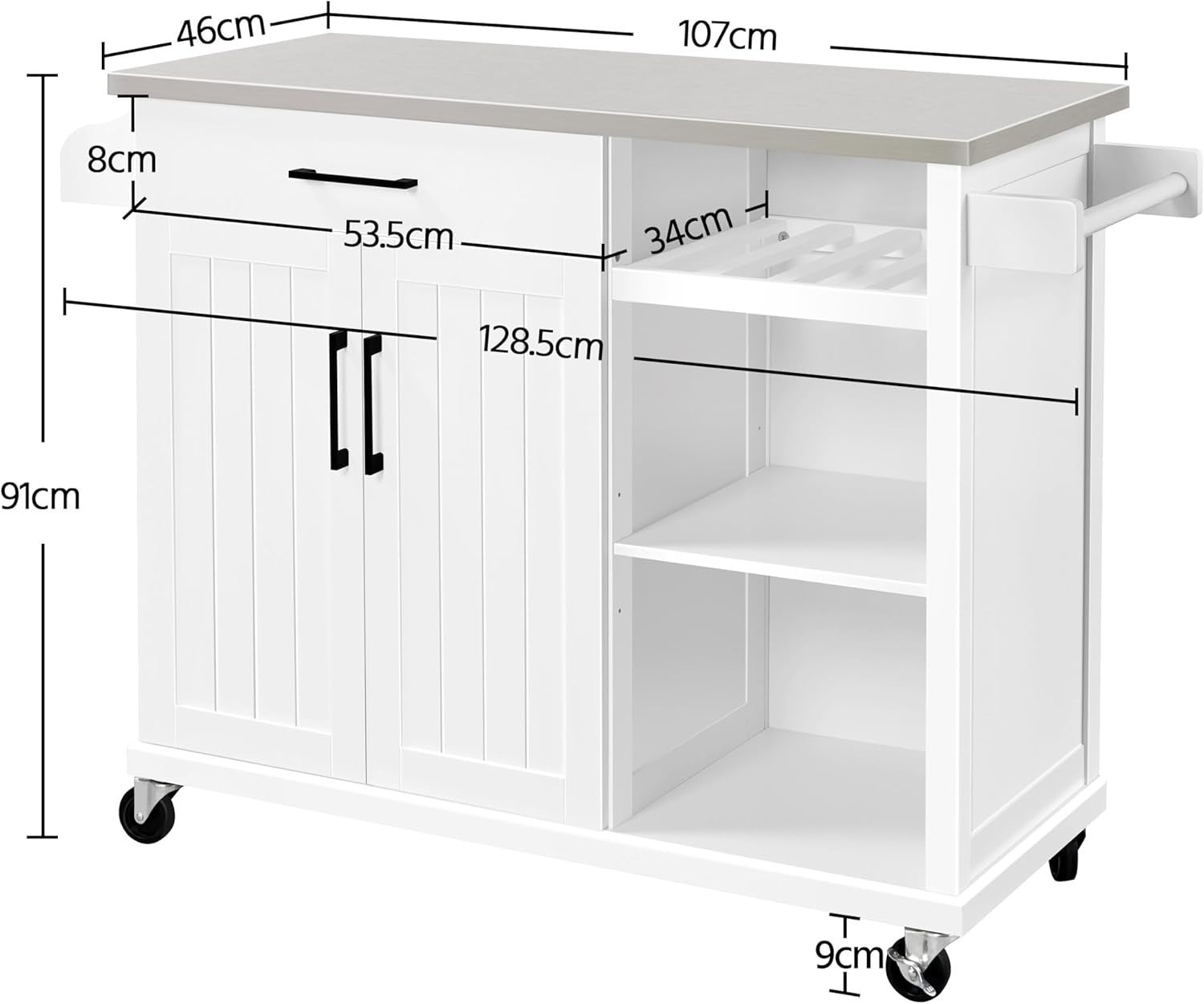 Kitchen Island Cart with Stainless Steel Top, Storage, Spice Rack & Wheels