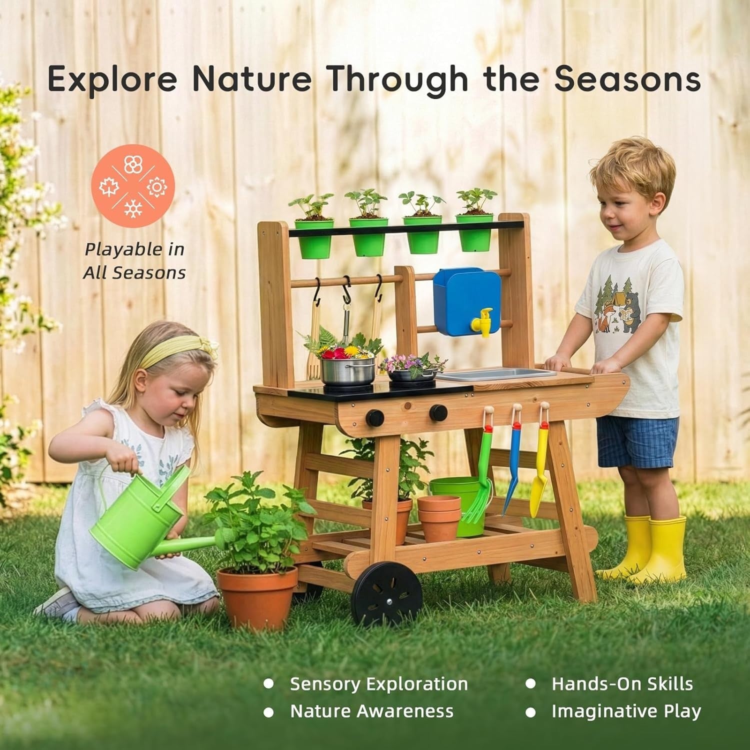 Wooden Mud Kitchen for Kids Outdoor Playset w/ Wheels Sink Stove