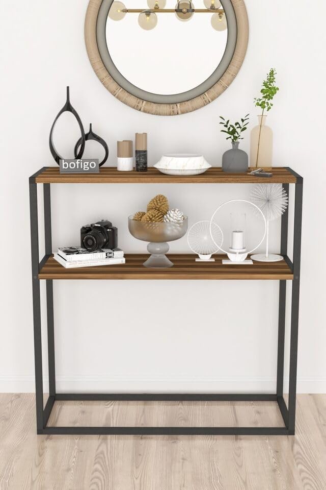 Slim Console Table with 2 Shelves – Modern Wood & Metal Frame Storage