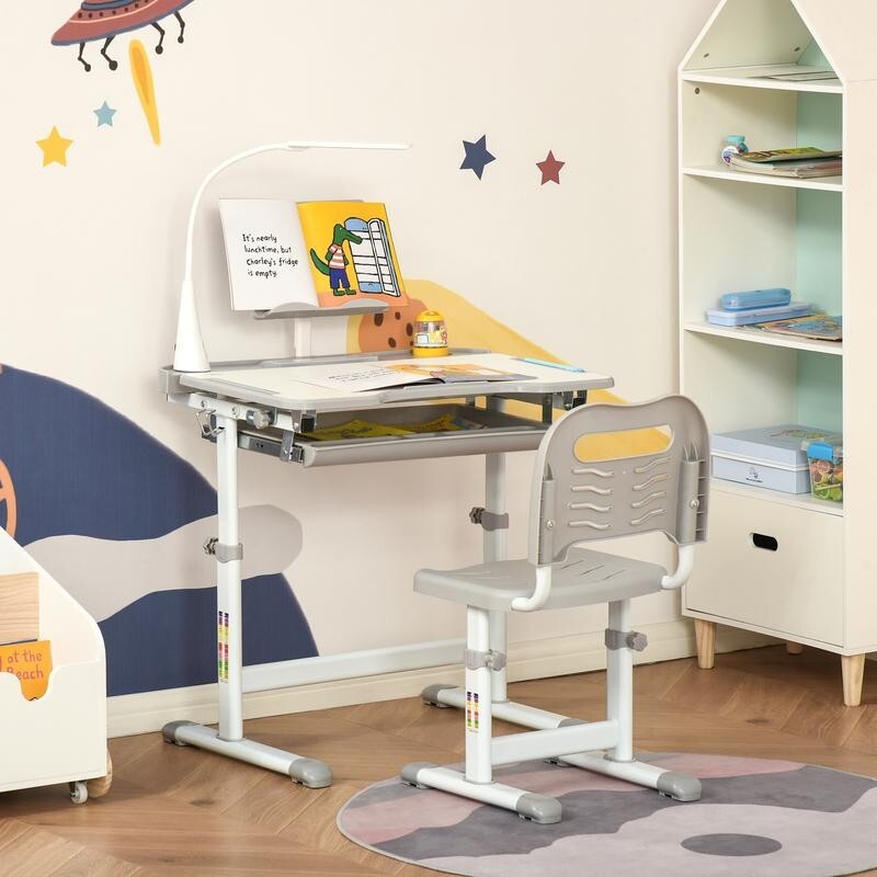 Kids Adjustable Study Desk & Chair Set w/ Lamp Drawer Tilt Table Grey 6–12