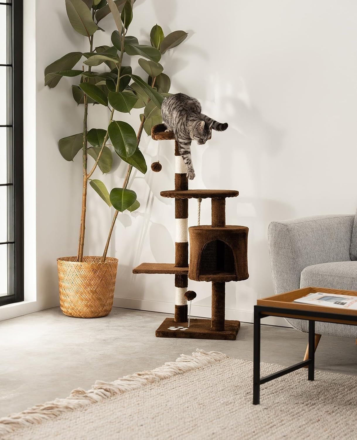 Cat Tree Scratching Post 112cm with Condo Sisal Rope Brown Tower