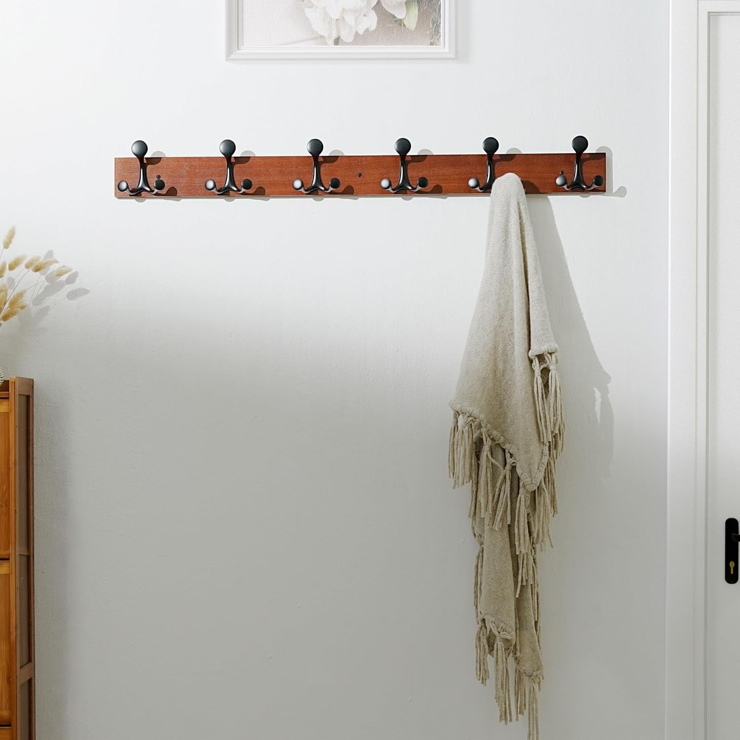 Cherry Wood Wall Coat Rack 6 Triple Hooks | 99cm Modern Hanging Rail