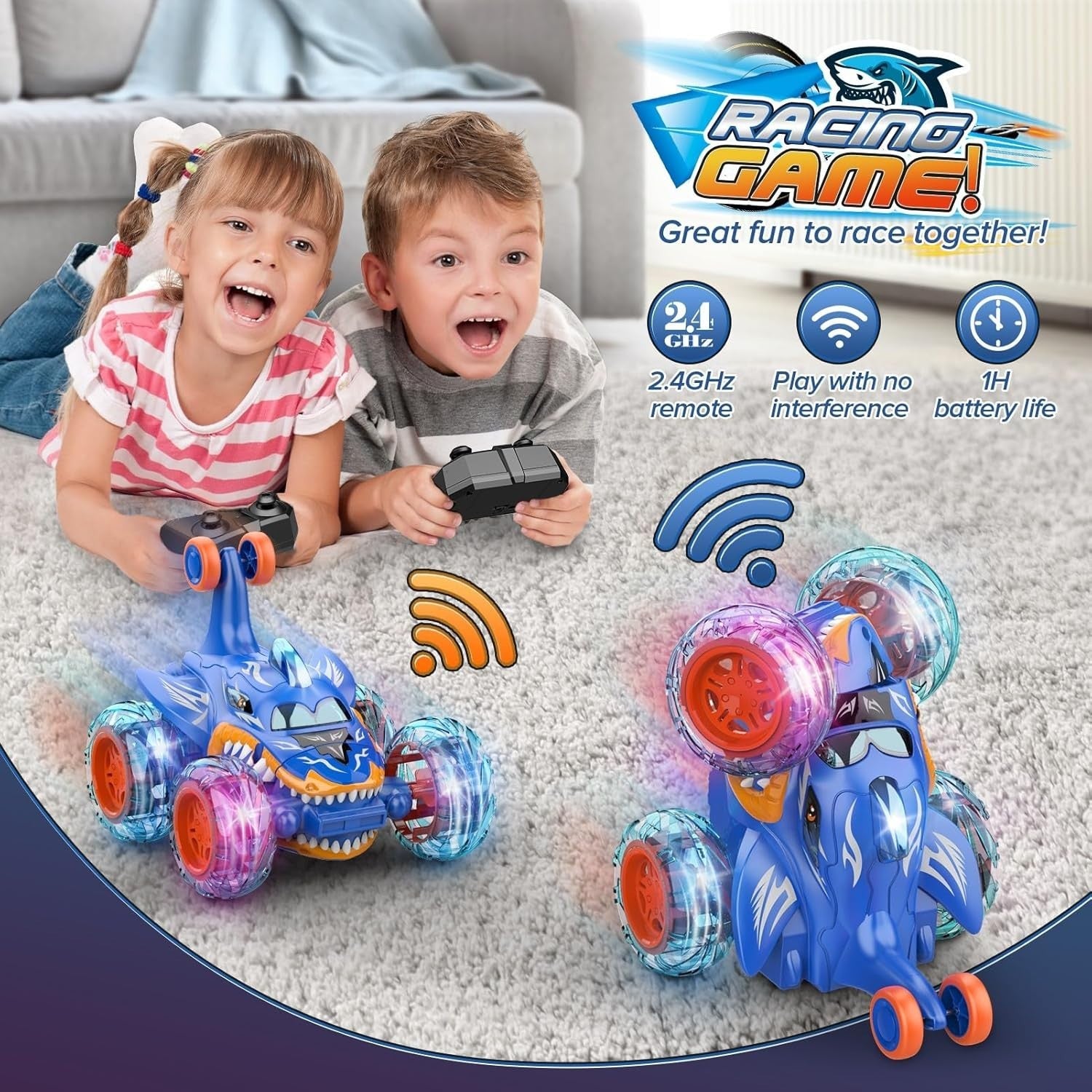 RC Shark Car for Kids 3-8, 360° Flip LED Light Remote Control Stunt Toy Gift
