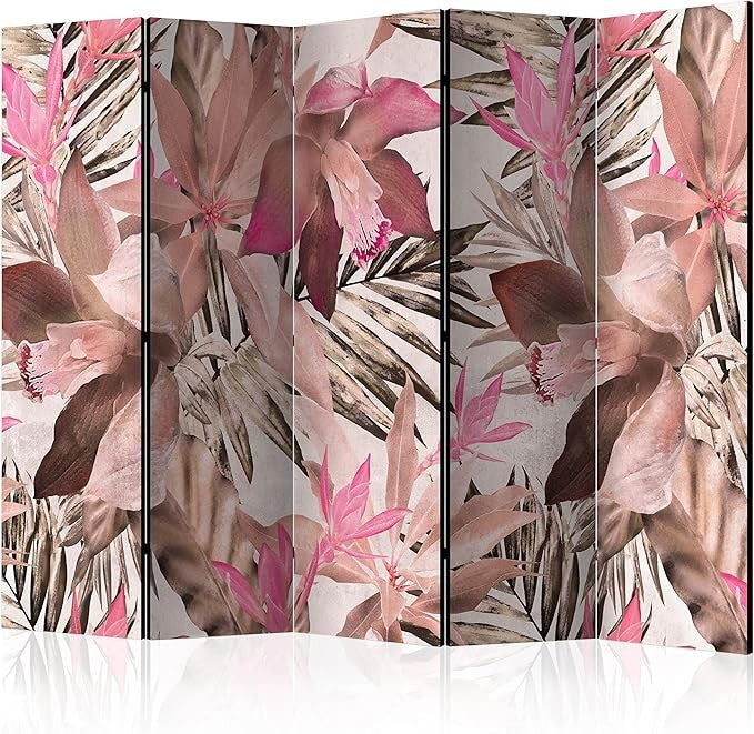 Tropical Pink Leaf 5 Panel Folding Room Divider Large Canvas Privacy Screen