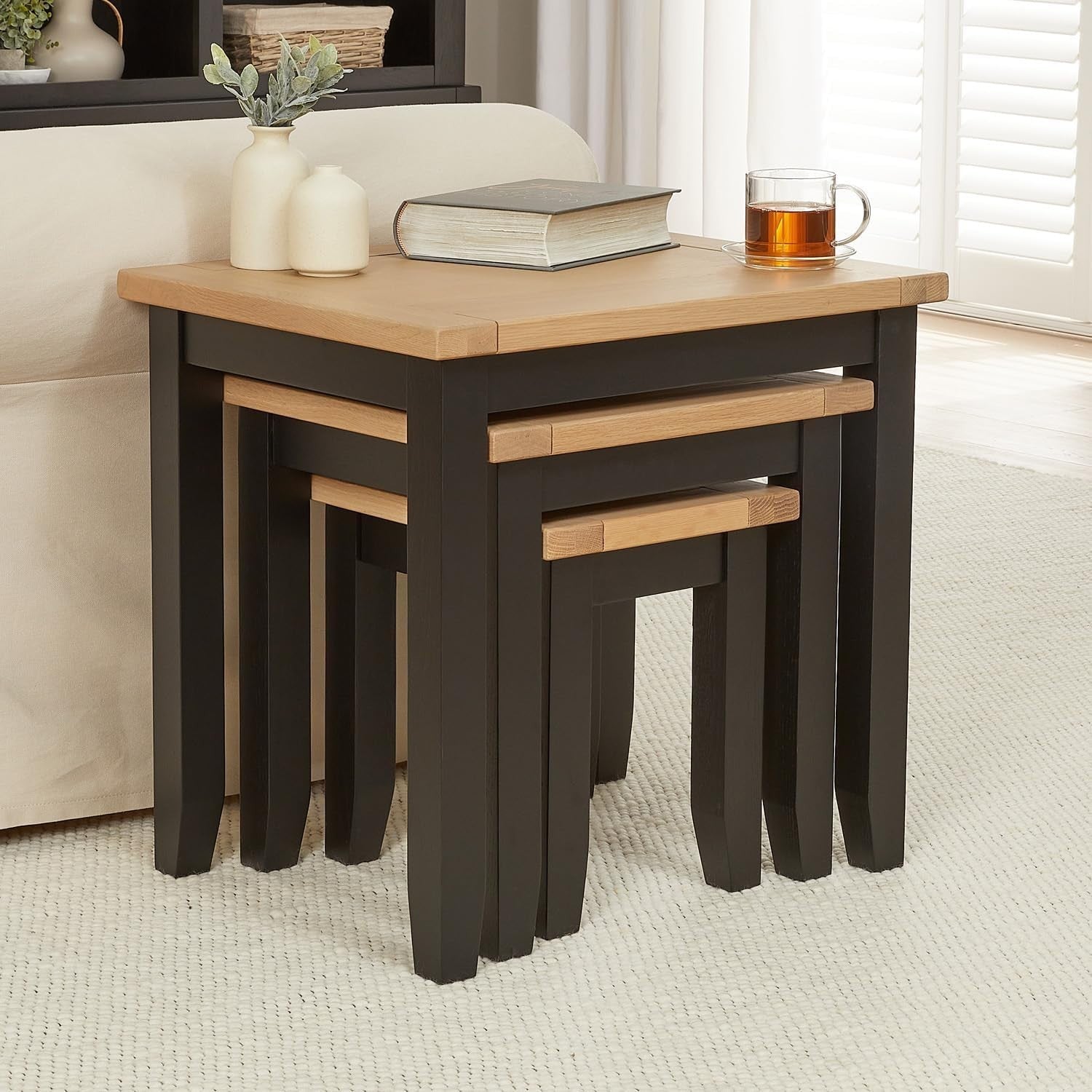 Space Saving Nesting Coffee Table Black Oak Wood Storage Rectangular 45cm