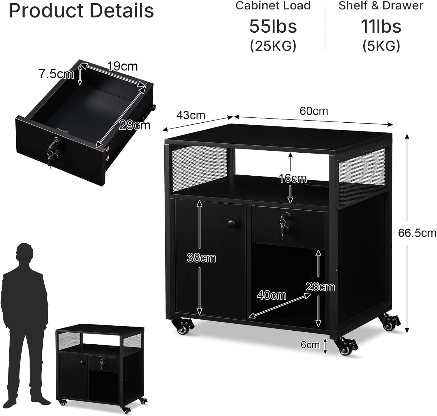 Black Mobile File Cabinet w/ Charging Station Lockable Drawer Printer Stand