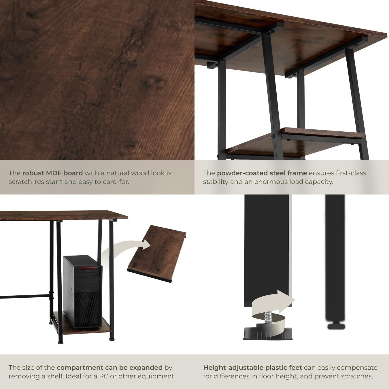 Modern Computer Desk Dark Wood 120cm with 2 Shelves & Steel Frame Office Table