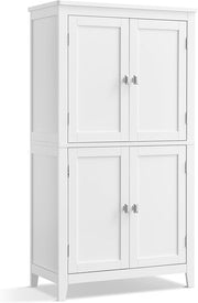 Tall White Bathroom Storage Cabinet with 4 Doors & Adjustable Shelves – Modern