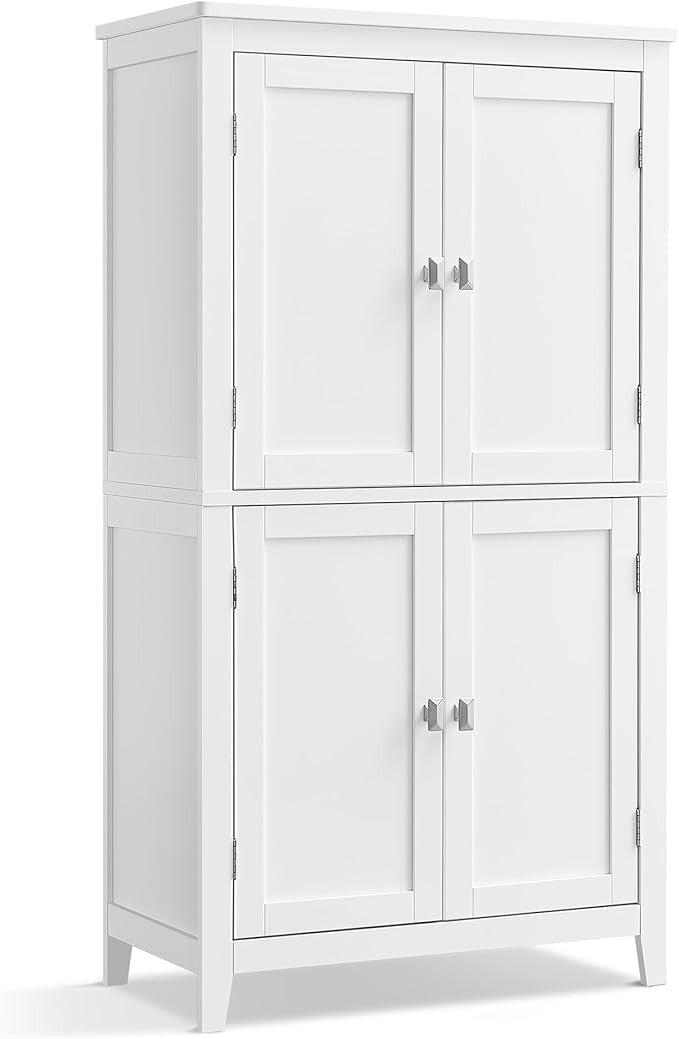 Tall White Bathroom Storage Cabinet with 4 Doors & Adjustable Shelves – Modern