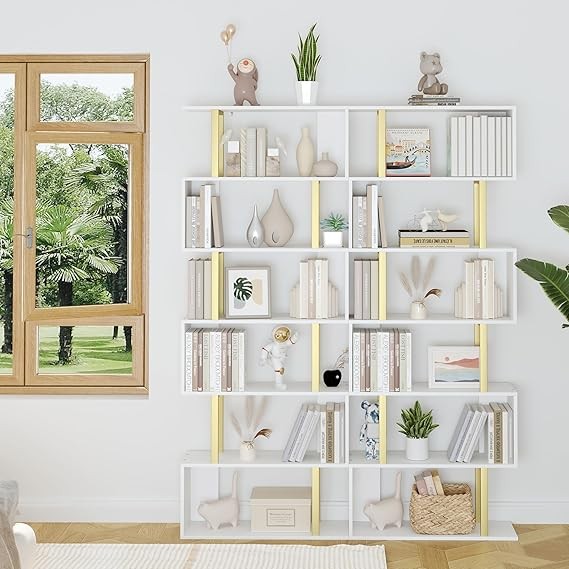 Modern 6-Tier S-Shaped Bookshelf Gold & White Tall Display Storage Unit