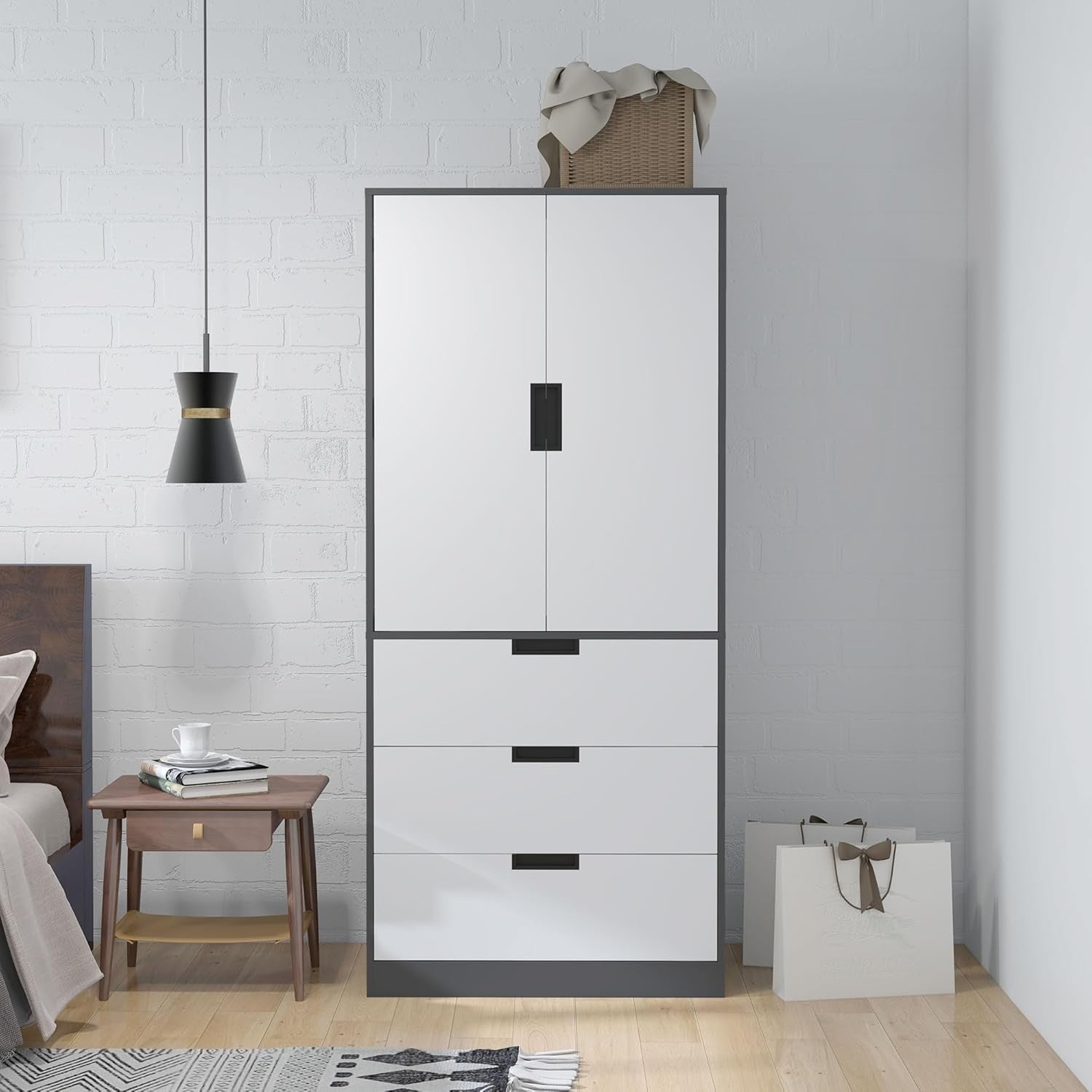 Modern 2 Door Wardrobe with 3 Drawers & Hanging Rod – Scratch Resistant