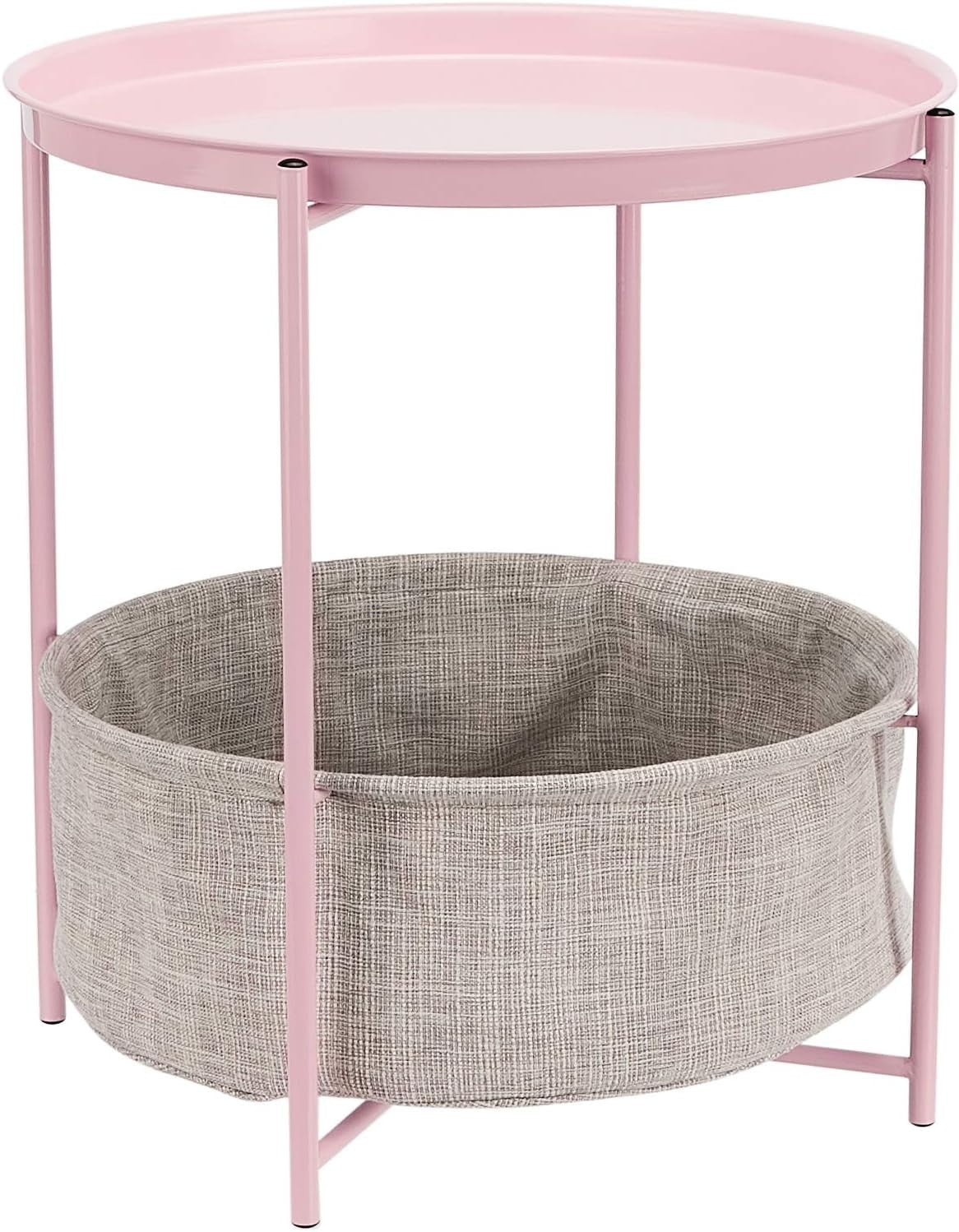Round Storage End Table Dusty Pink with Fabric Bin 45x45x48cm Modern