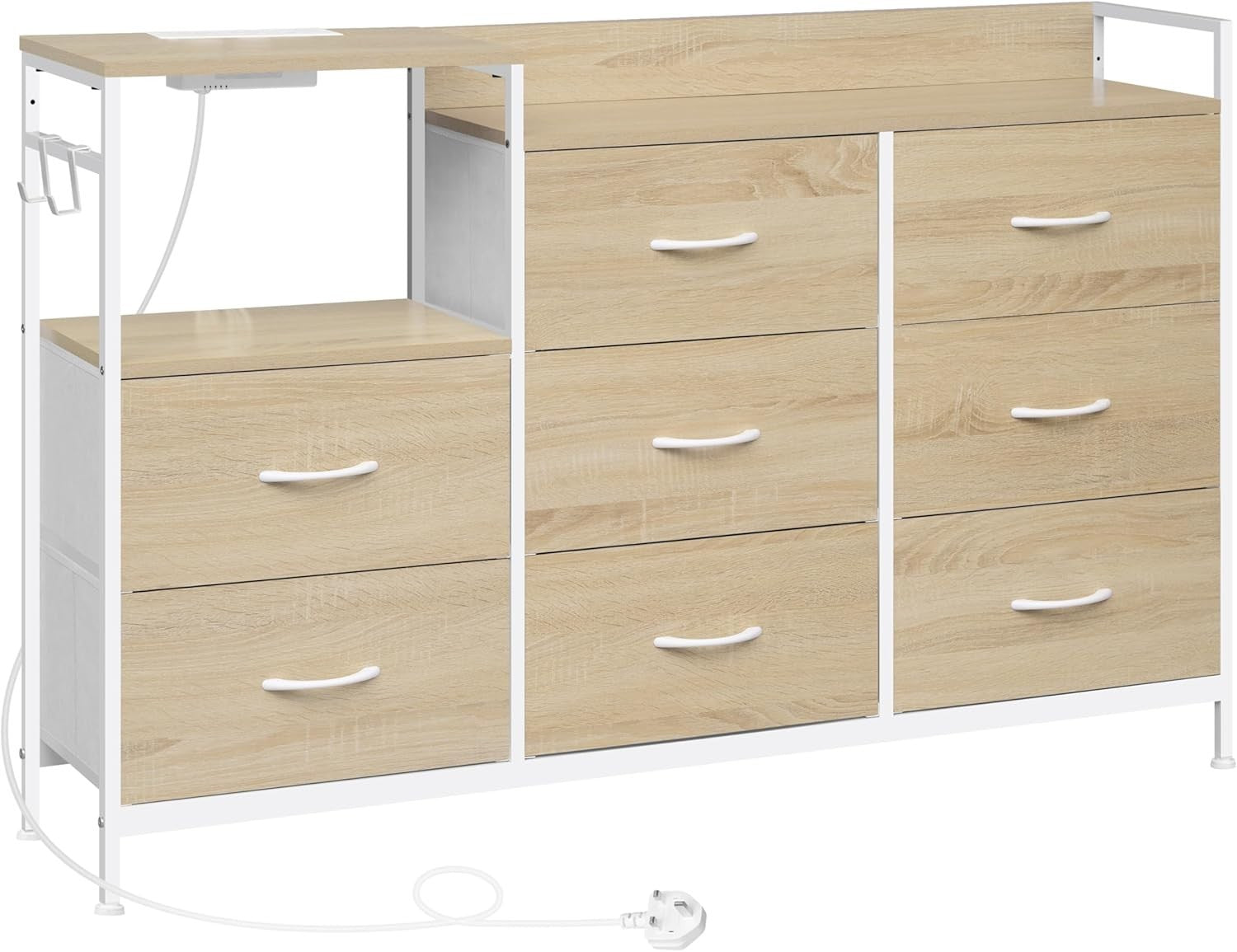 8 Drawer Fabric Chest with USB Ports Power Strip Light Oak White Storage Unit