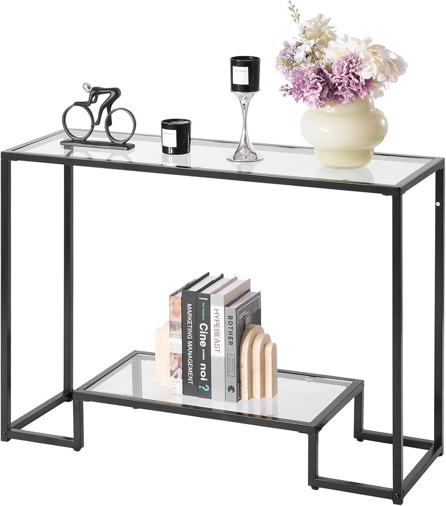 Modern Tempered Glass Console Table with 2-Tier Storage & Anti-Tip