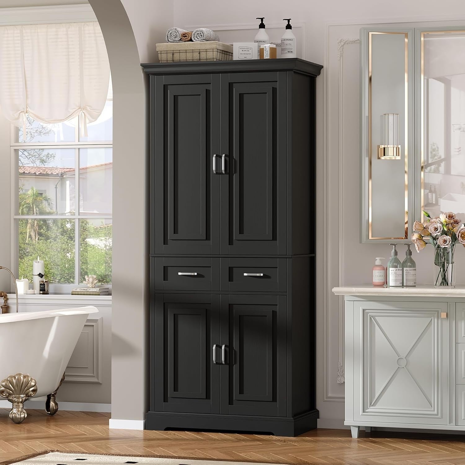 180.5cm Tall Kitchen Cupboard Black 4 Doors 2 Drawers Adjustable Shelves