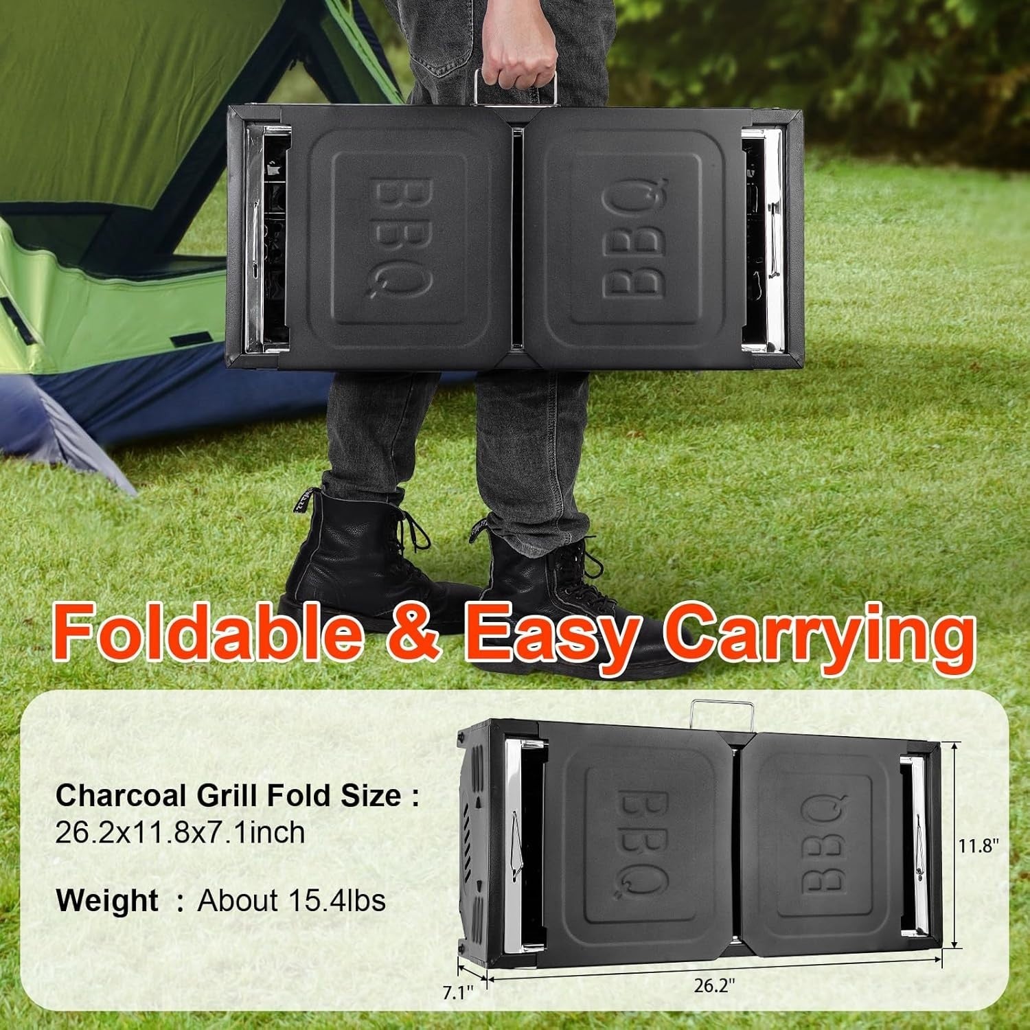 Portable Charcoal BBQ Grill with Storage Shelf Adjustable Height Outdoor Camping