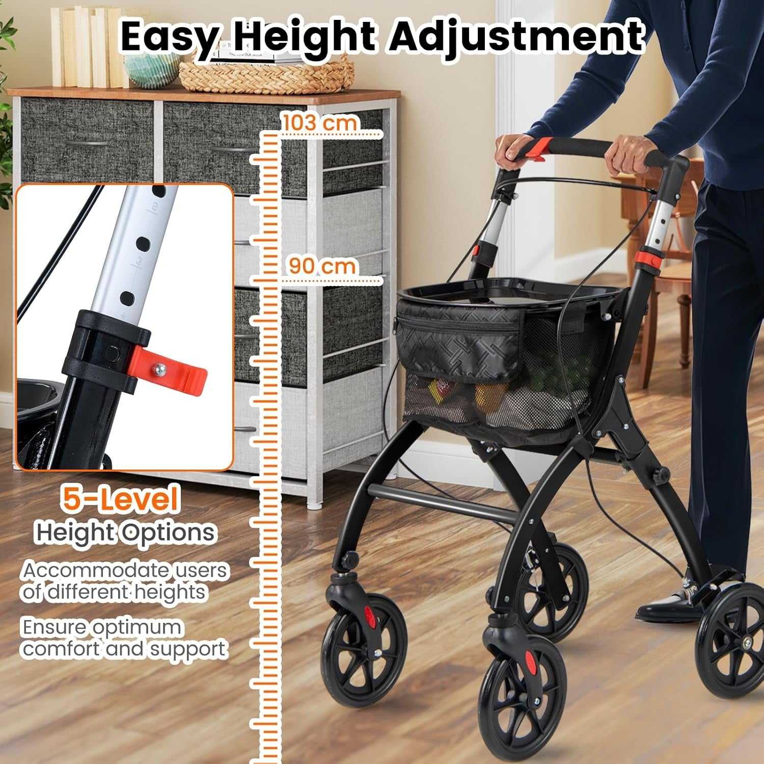 4 Wheel Rollator Walker Lightweight Folding Walking Aid Brakes Tray