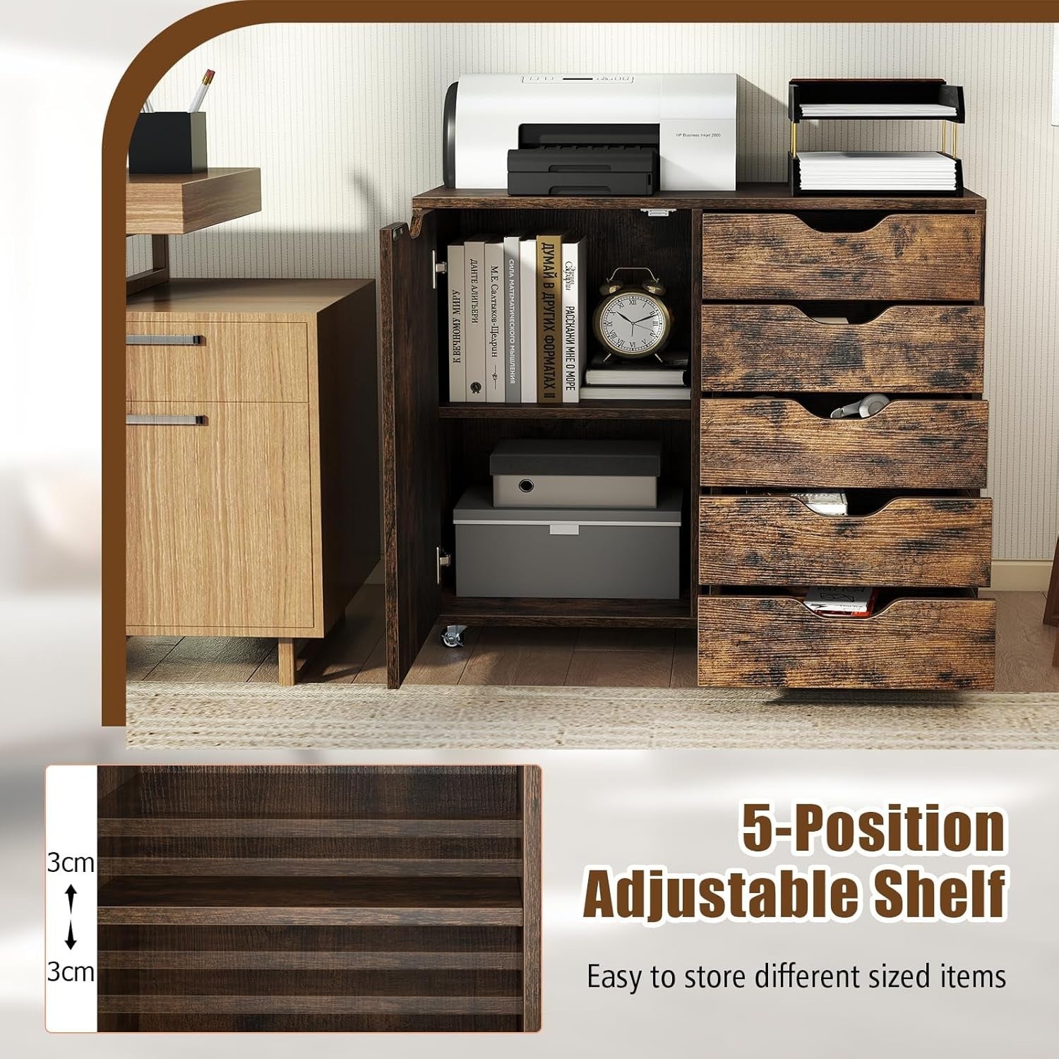 Rustic Brown Mobile File Cabinet 78x40x65cm 5 Drawer Printer Stand