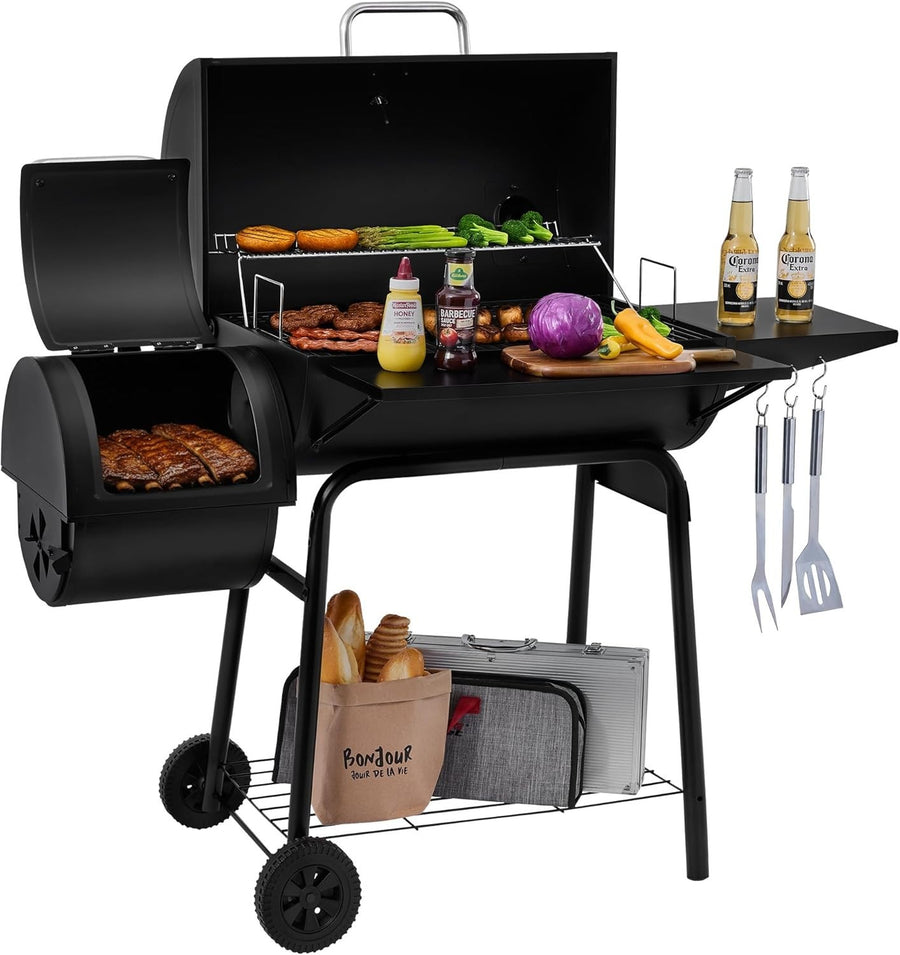 Large Charcoal BBQ Grill with Offset Smoker 30" Outdoor Barbecue Cooker