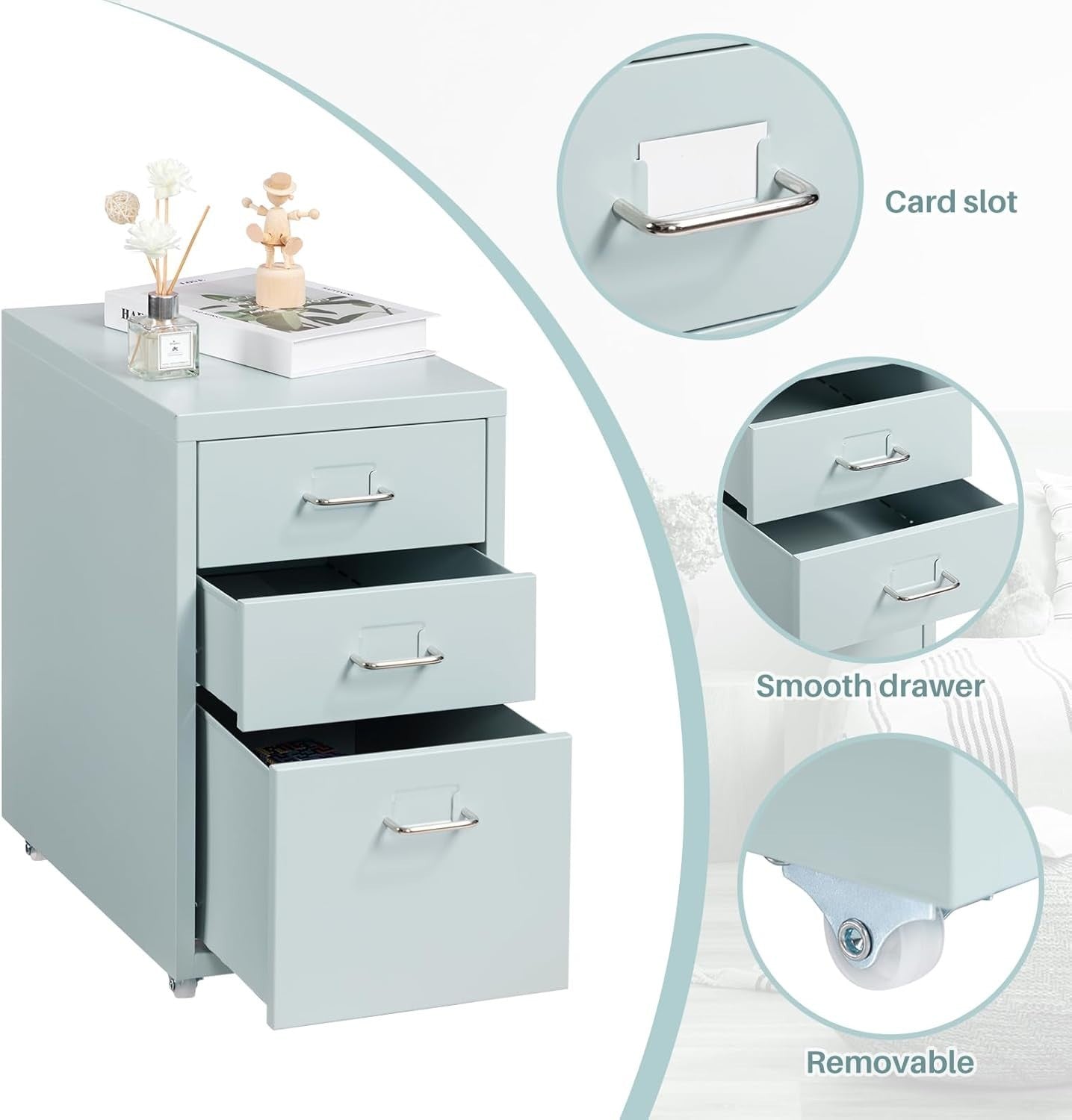 Grey Green Metal Rolling Drawer Unit 3 Tier Under Desk File Storage