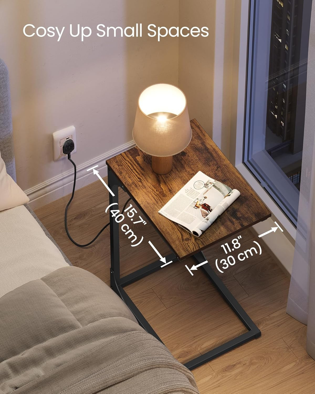 C-Shaped Side Table with Charging Station, Adjustable Feet, Rustic Brown