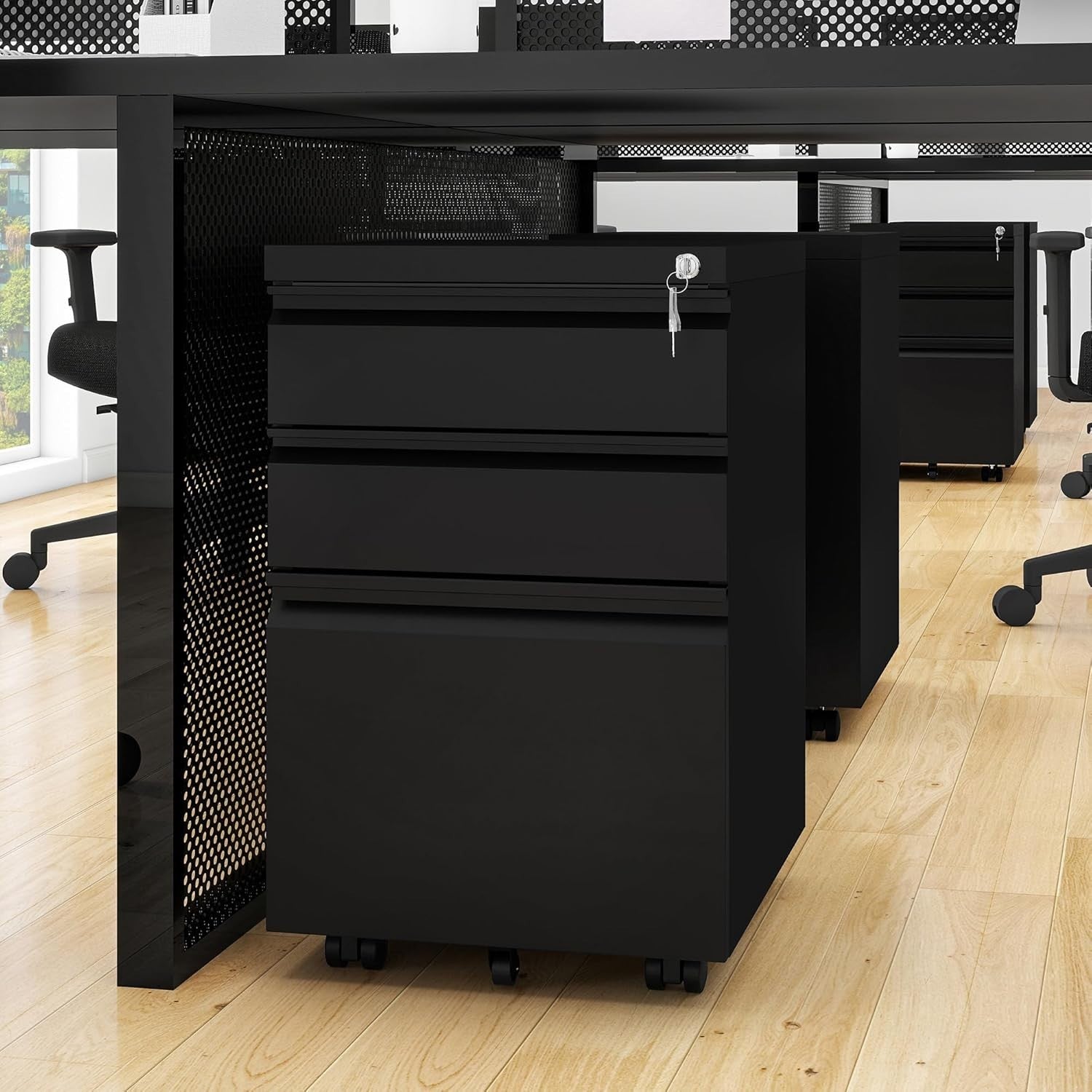 Black Locking Steel File Cabinet 3 Drawer Rolling Under Desk Storage