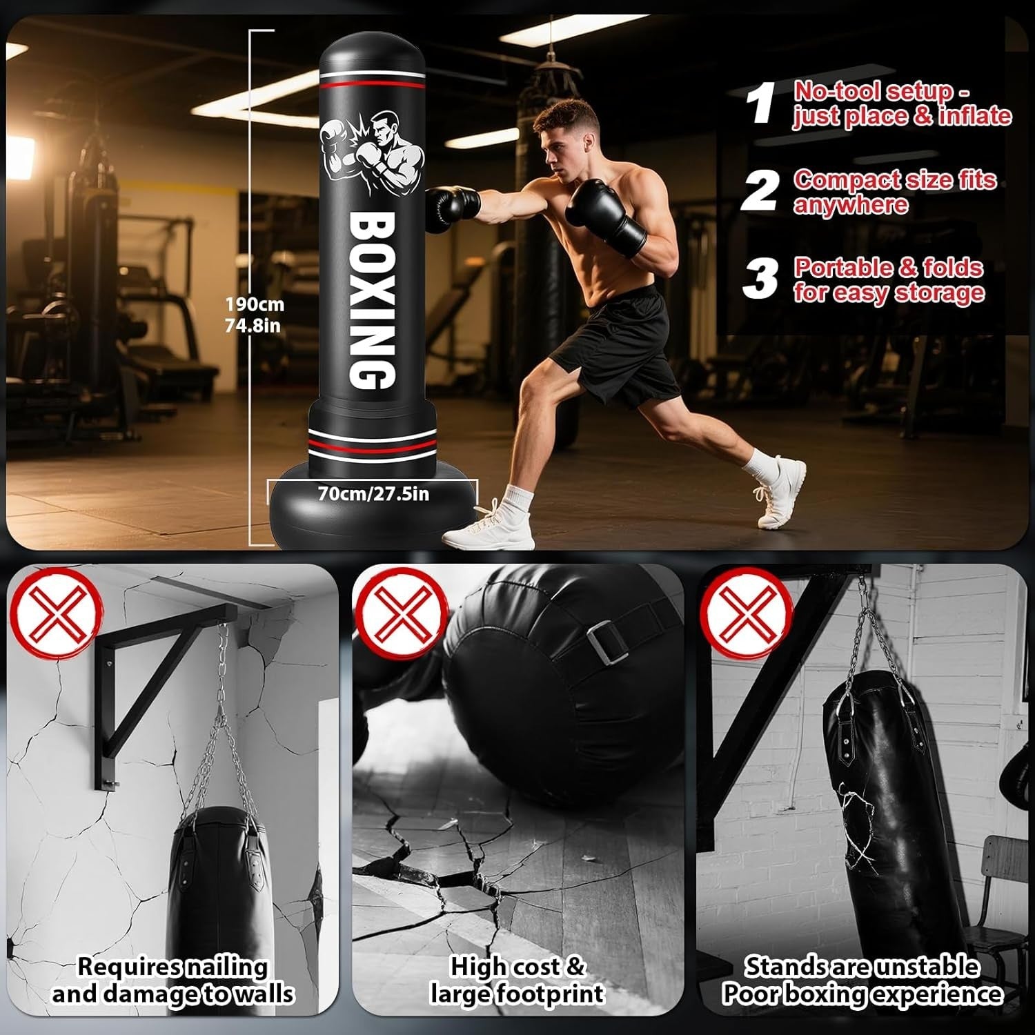 190cm Standing Punch Bag Inflatable MMA Karate Boxing Training Set