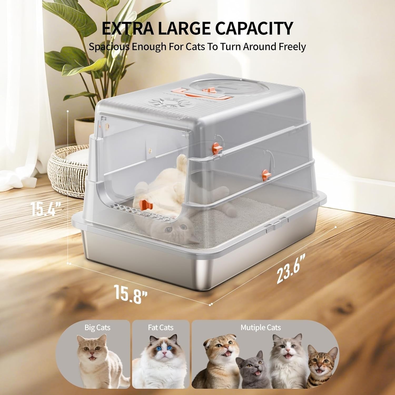 XL Stainless Steel Cat Litter Box Covered Leak Proof Odor Control Grey