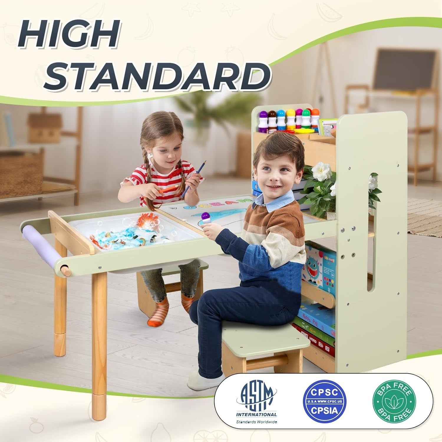 Kids Sensory Activity Table with Chairs Storage Bins Art Blackboard Whiteboard