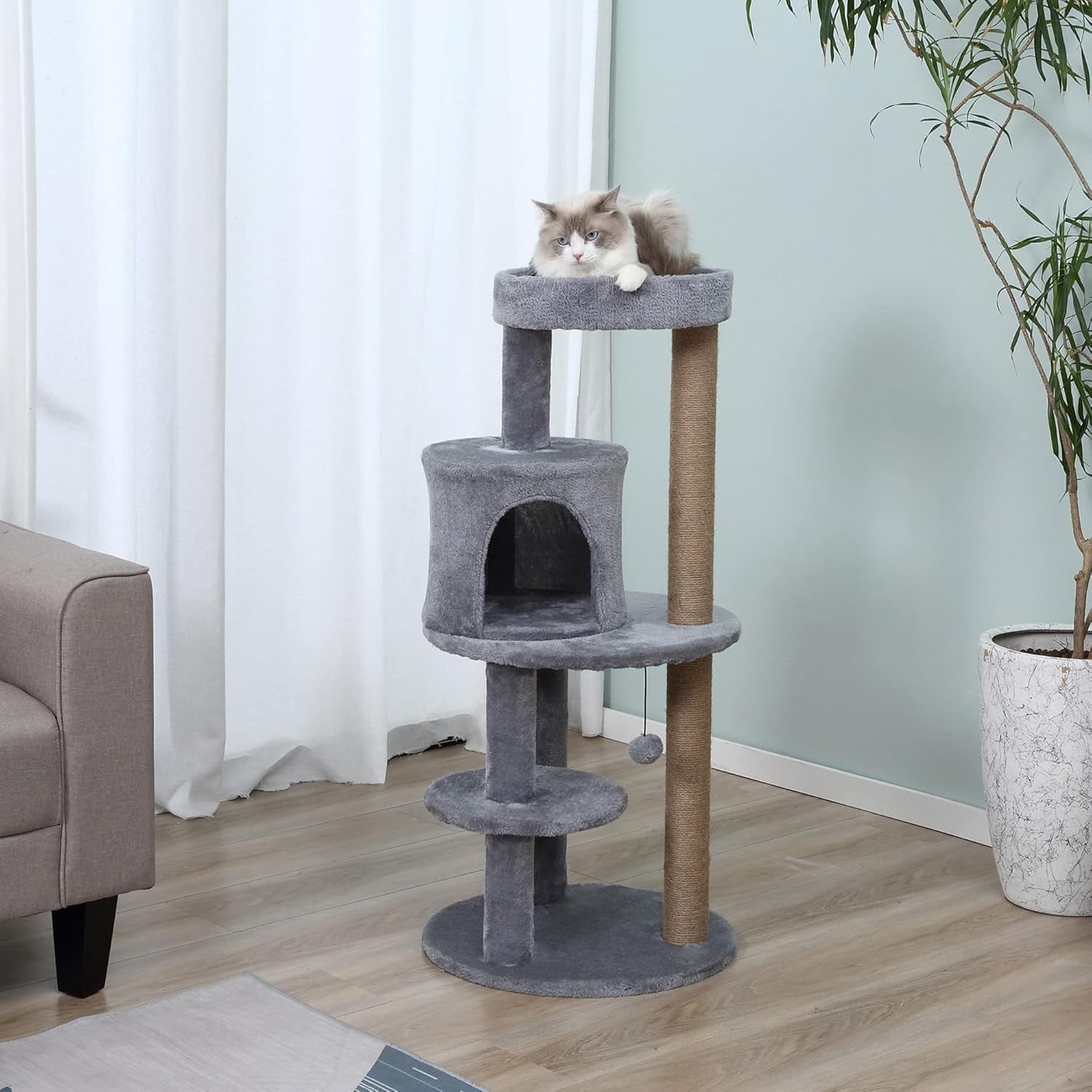 Grey Cat Tree Tower 104cm Condo Scratching Post Plush Perches Hanging Toy