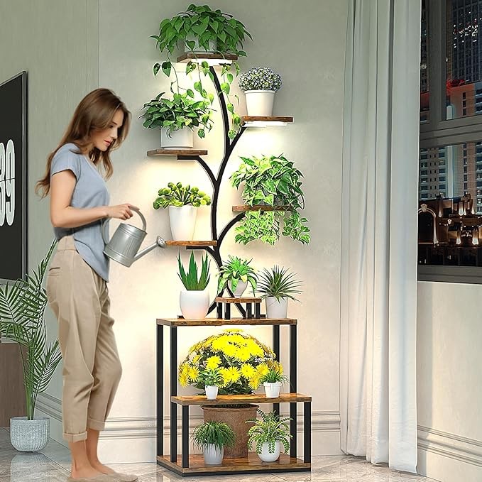 9 Tier Metal Plant Stand with Adjustable Grow Lights Indoor Tall Flower Shelf