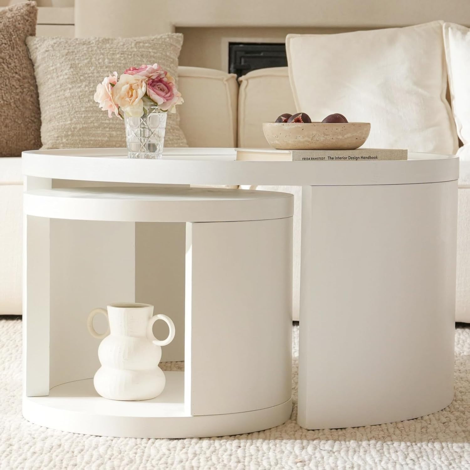 2X Nesting Coffee Table Set Pine Wood White Round Side End Tables Living Room