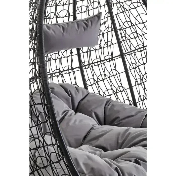 Double Hanging Egg Chair Black Rattan Swing Seat with Grey Cushions Outdoor