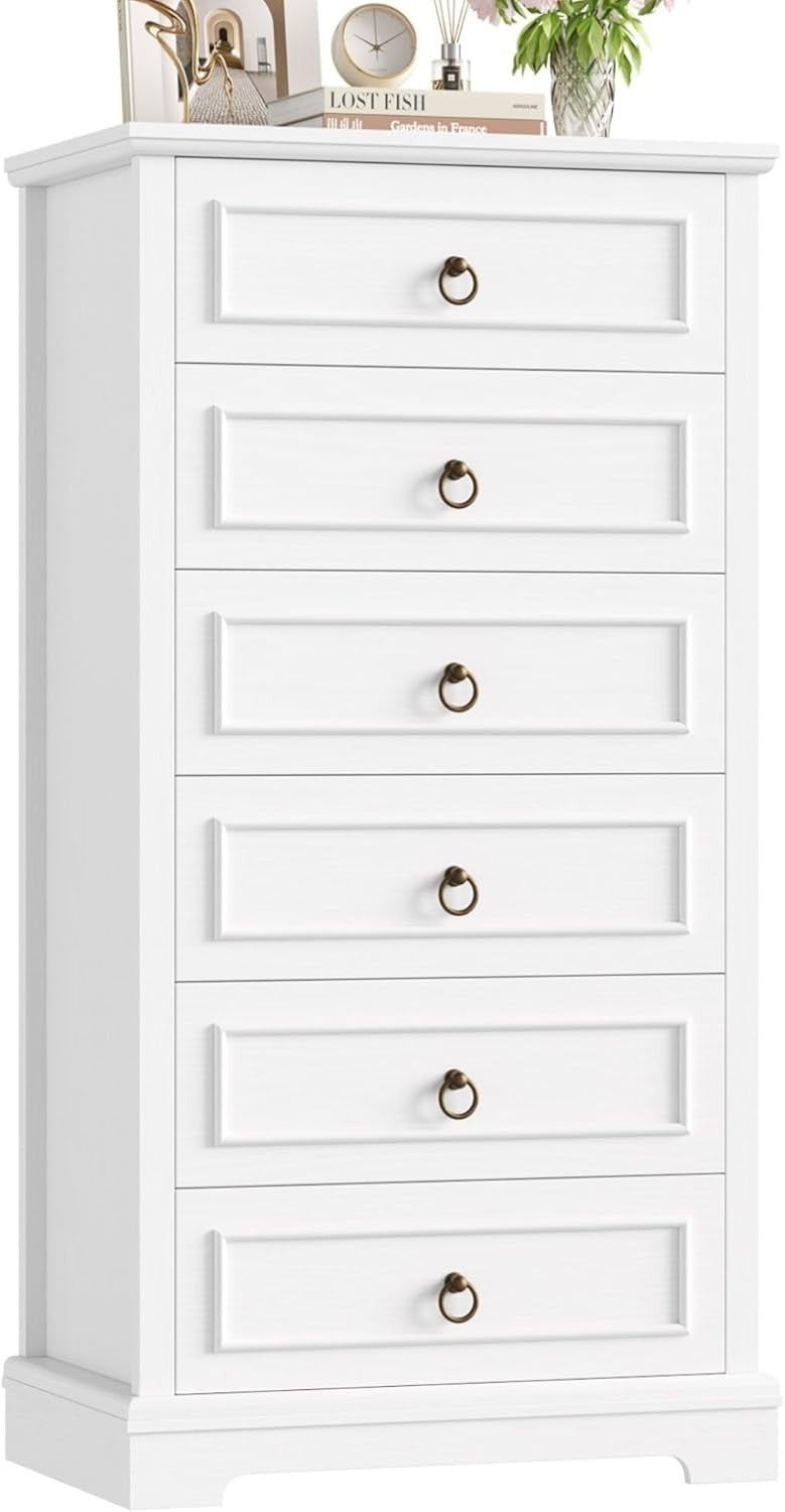 Tall White Chest of Drawers 6 Drawer Storage Cabinet for Bedroom 131cm