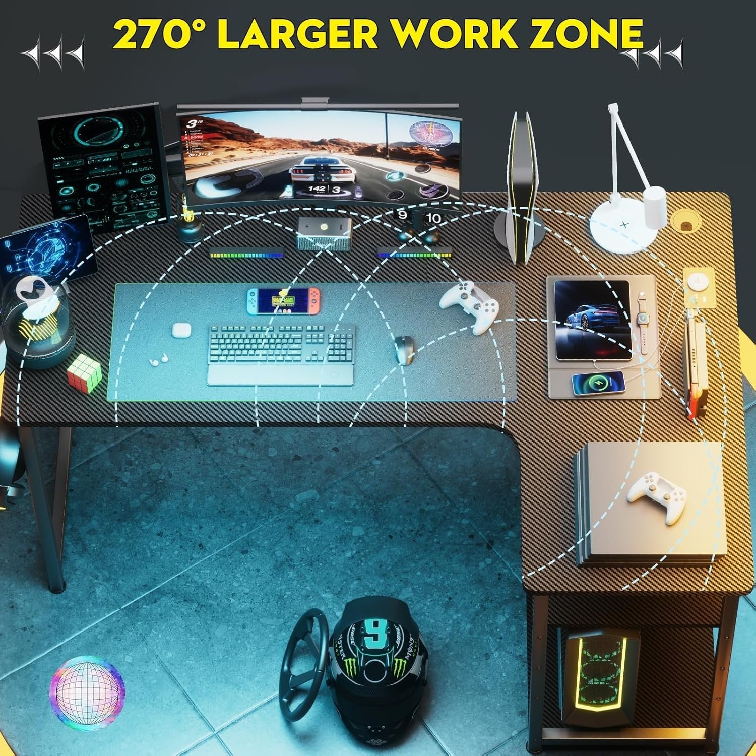 L Shaped Gaming Desk 130x80cm with USB Ports Shelves Hook Corner Office Table