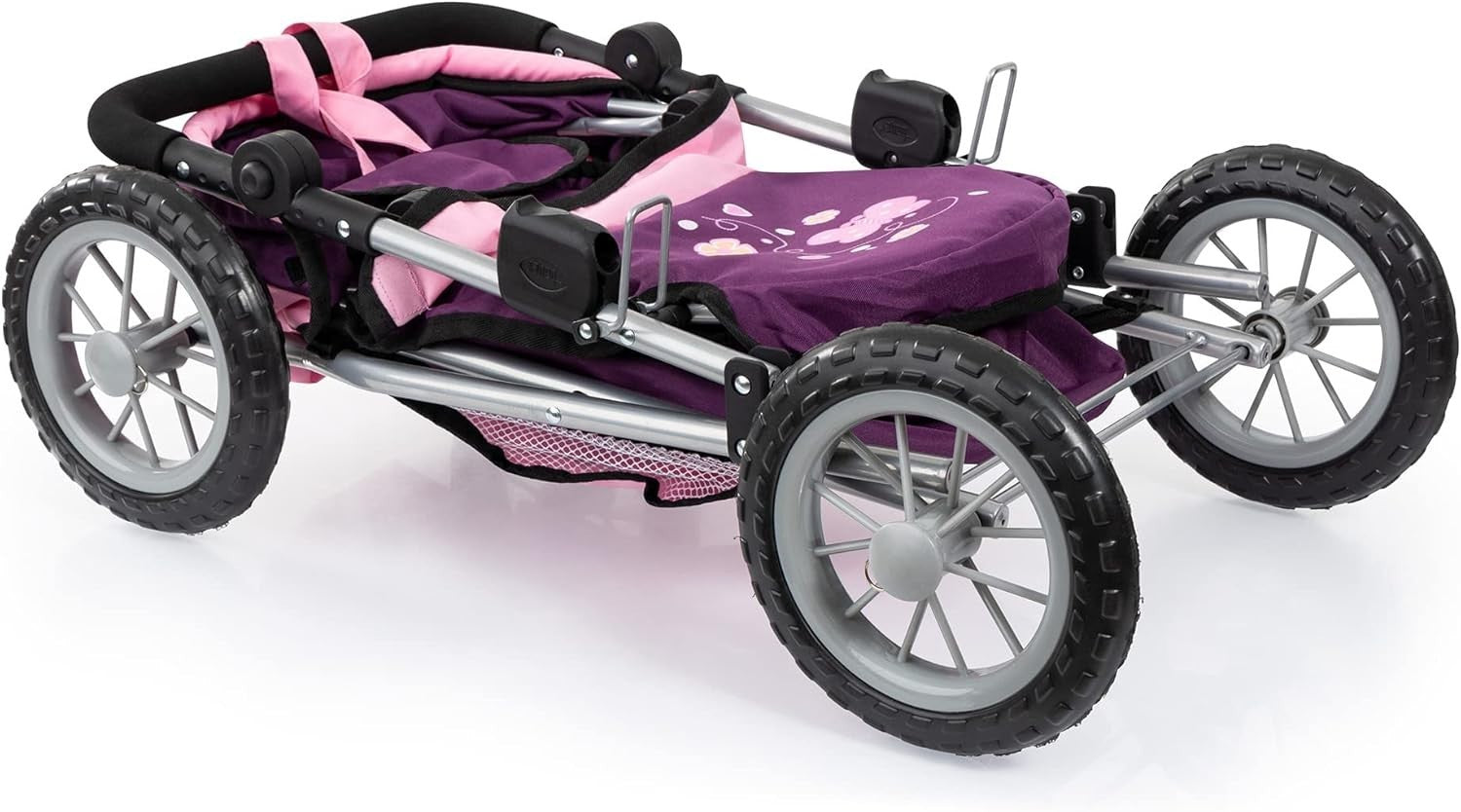 Doll Pram Stroller Foldable Height Adjustable Handle Basket Bag Purple