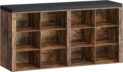 Rustic Brown Shoe Storage Bench with Cushion & 12 Adjustable Compartments