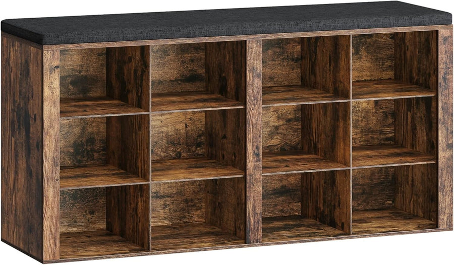 Rustic Brown Shoe Storage Bench with Cushion & 12 Adjustable Compartments